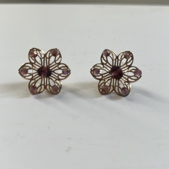 Gold Openwork Purple Beaded Earrings - Picture 2 of 7